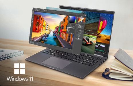 Image depicting an imaginative visual representation of multiple windows being used on a computer. This is imagined by having the windows appear in succession outside the device.