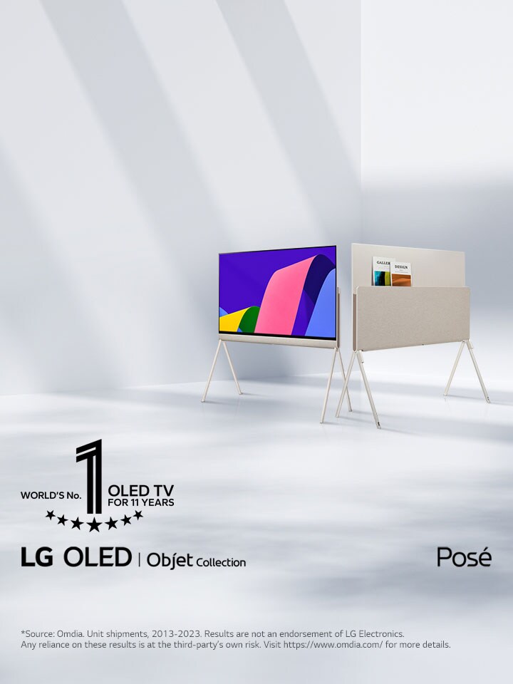 Two LG Posé TVs next to each other at a 45-degree angle, one seen from the front with colorful abstract artwork on-screen and one seen from the back showing off its versatile back. The 10 Years World's No.1 OLED TV emblem is also in the image.