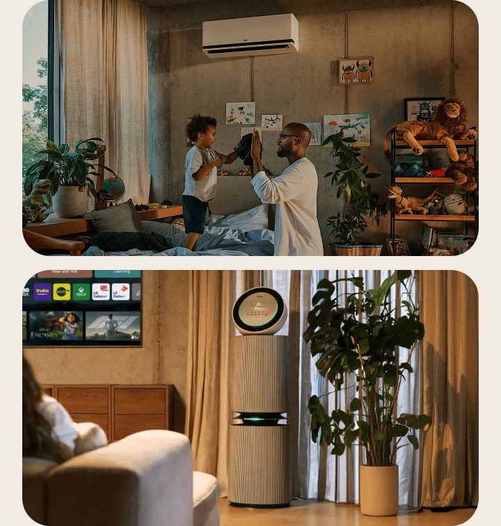 A father and son sharing a high-five in a bedroom with an LG DUALCOOL AI on the wall, next to a living room scene with an LG Air PuriCare beside the LG AI TV.
