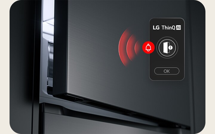 LG onderste vriezer GBBS322CEV met deur op een kier en rood golfbeeld met open‑deur waarschuwing.