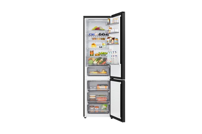 LG vriezer onderin (GBBS322CEV) met open deur en zicht op de koel- en vriescompartimenten