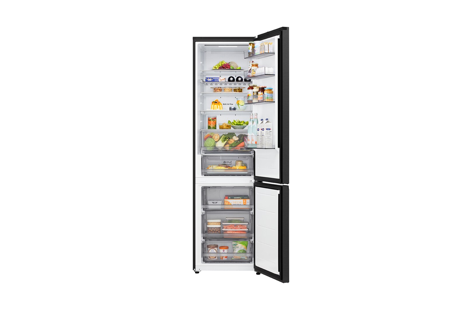 LG vriezer onderin (GBBS322CEV) met open deur en zicht op de koel- en vriescompartimenten