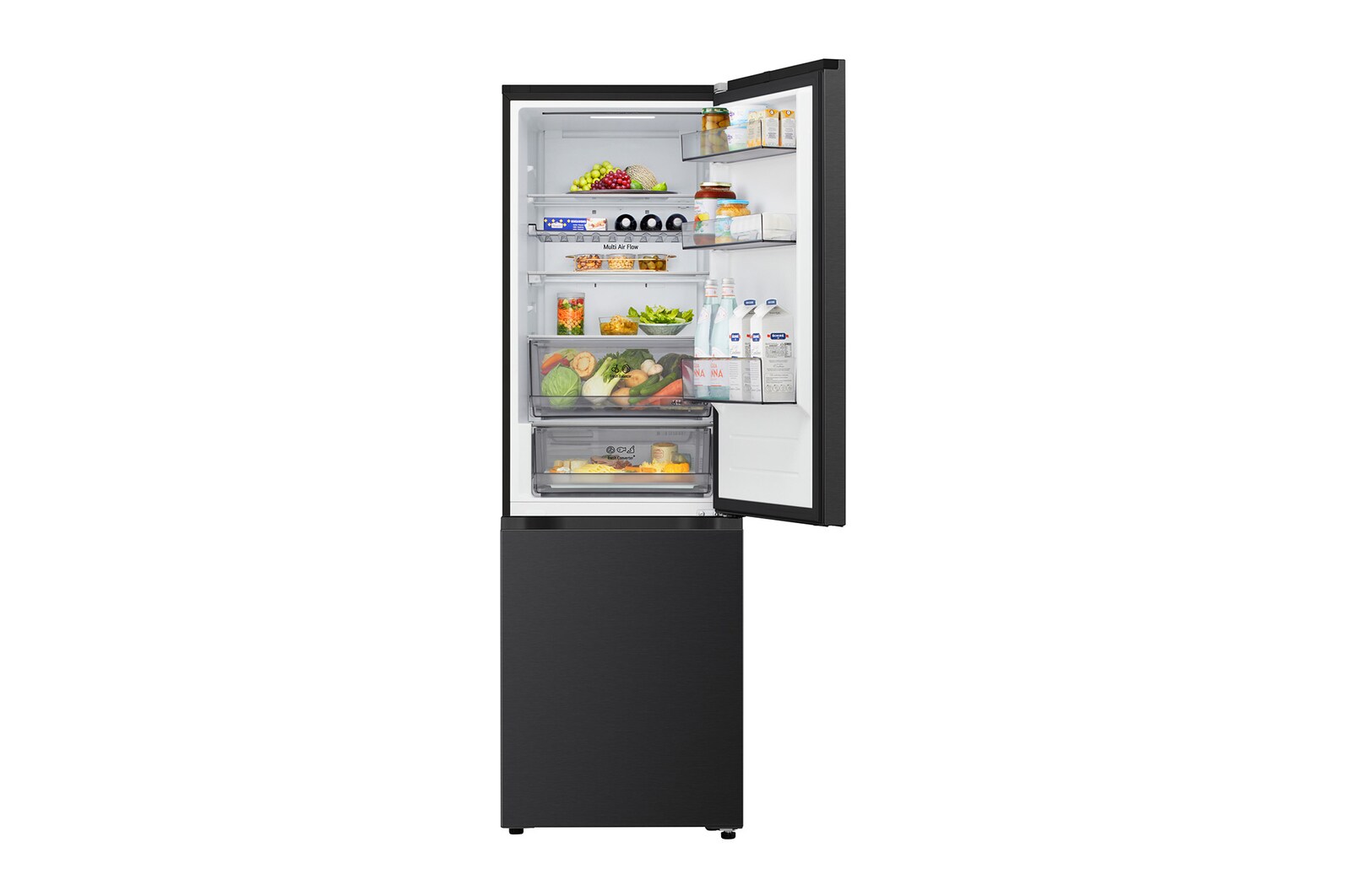 LG vriezer onderin (GBBS322CEV) met open deur en zicht op de koel- en vriescompartimenten