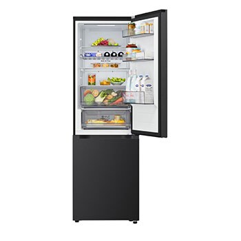 LG vriezer onderin (GBBS322CEV) met open deur en zicht op de koel- en vriescompartimenten