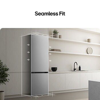 LG-bodemvriezer (gbbs726cpy) uitgelijnd geïnstalleerd in hoge warmbeige wand met witte pijlen die wijzen naar de bovenzijde en de oppervlakken aan de voorkant