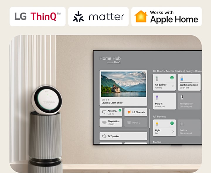 Een LG TV gemonteerd op een muur en een LG PuriCare™ Objet Collection 360° aan de linkerkant. De TV geeft Home Hub en een cursor klikt op “Luchtreiniger” en de LG PuriCare™ Objet Collection 360° wordt geactiveerd.