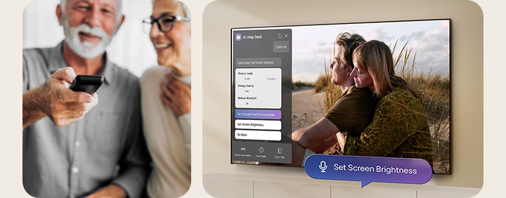 Aan de linkerzijde zitten een man en vrouw. De man wijst met een afstandsbediening. Aan de rechterzijde geeft een LG TV-scherm een man en vrouw weer die zitten op zandveld. Er is een AI chatbot-servicevenster geopend aan de linkerzijde van het scherm met een spraakbubbel. In de bubbel staat “Schermhelderheid instellen” in de hoek rechtsonder.