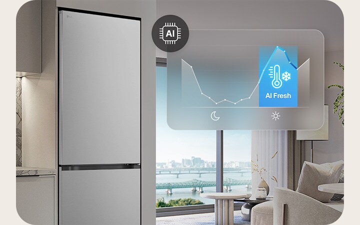 LG bodemvriezer GBBS726CPY in leefruimte met rivierzicht, grafiek en AI Fresh‑icoon.