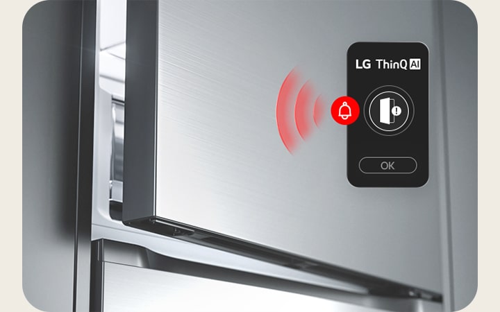 Bovendeur LG bodemvriezer GBBS726CPY op een kier met rood golfbeeld en open‑deur waarschuwing.