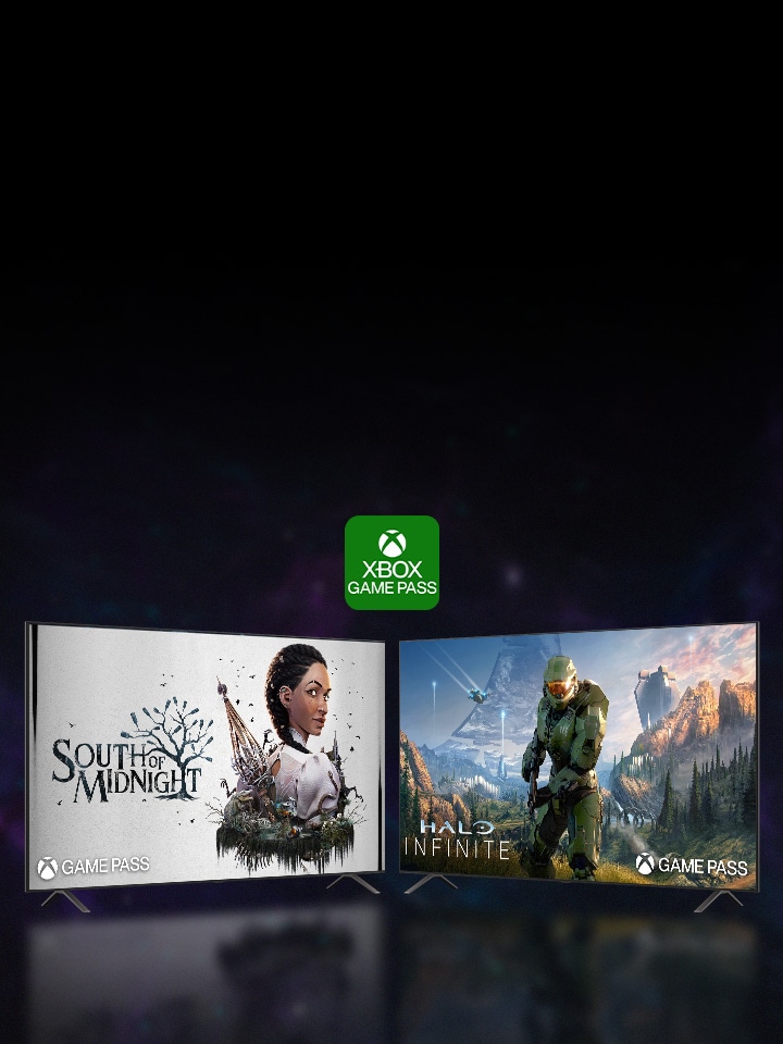 Twee LG Smart TV's met verschillende Xbox-spelschermen laten zien hoe je met Xbox Game Pass Ultimate op LG TV kunt gamen met topkwaliteit.