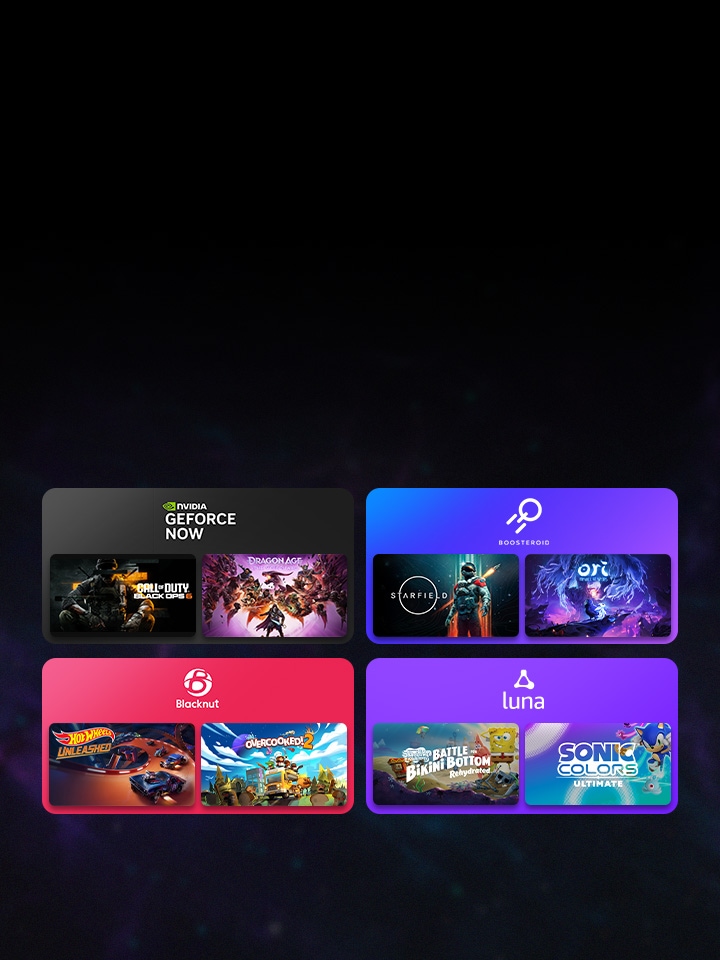 Vier gekleurde vakjes met elk een logo van een cloudgamingdienst en twee miniatuurafbeeldingen van games, waarmee populaire cloudgamingplatforms zoals GeForce NOW en Boosteroid worden getoond die je kunt vinden op het LG Gaming Portal.
