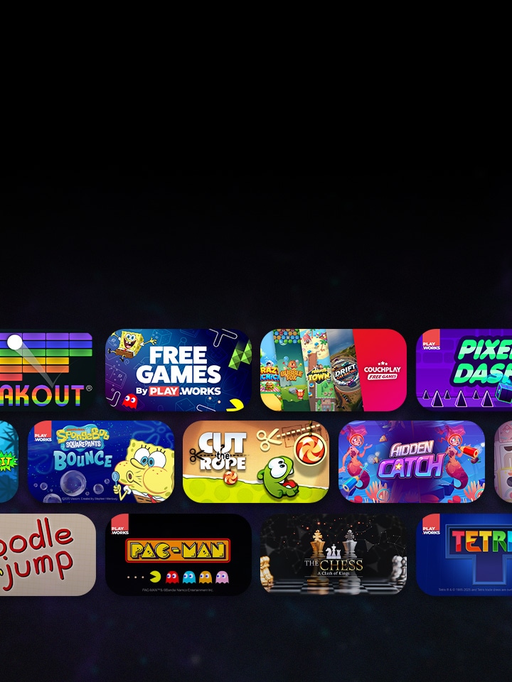 Verschillende miniatuurafbeeldingen van casual games staan in drie rijen op een LG TV, met honderden makkelijk te spelen gratis games die je alleen of met vrienden kunt spelen met alleen de afstandsbediening.