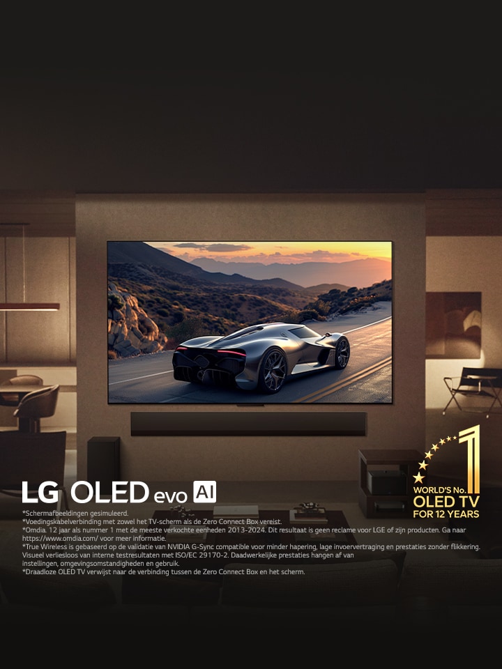 Stijlvolle woonkamer met de LG OLED evo M5 TV aan de muur gemonteerd. Een LG Soundbar eronder. De Zero Connect Box is opgeborgen onder een bijzettafeltje. Er zijn helemaal geen draden zichtbaar, wat de True Wireless-technologie van de TV goed weergeeft. Het embleem ‘World’s number 1 OLED TV for 12 years’ (’s werelds beste OLED TV voor 12 jaar) en het LG OLED evo AI-logo zijn zichtbaar. 