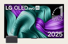 LG Wireless OLED TV met kleurrijk, gedetailleerd artwork met de titel LG OLED evo AI 2025 en het embleem ‘World’s number 1 OLED TV for 12 Years (’s werelds beste OLED TV voor 12 jaar) op het scherm. Zero Connect Box bevindt zich aan de voorkant onderaan.
