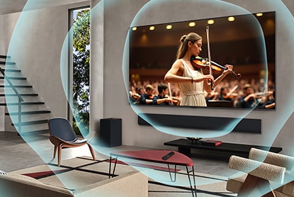 Een LG TV in een woonkamer met geluidsgolven die uit de tv komen en laten zien hoe AI-geluid je hele audio-ervaring verbetert.