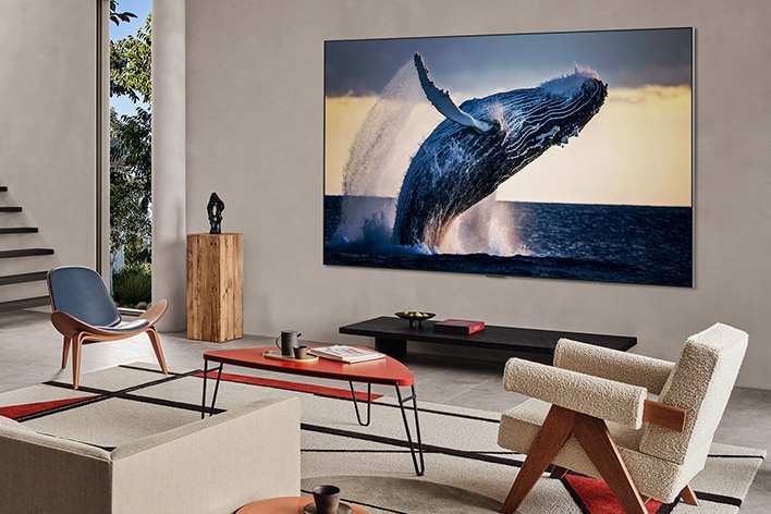 Woonkamer met een tv aan de muur. Op het beeldscherm wordt een hoogwaardige afbeelding getoond van een walvis die uit het water springt.