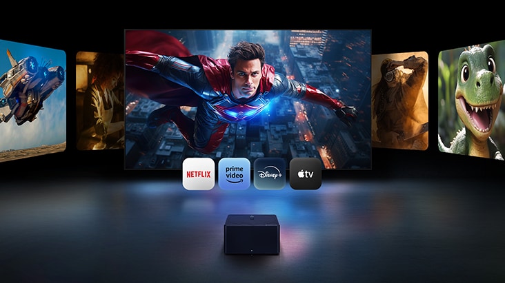 Verschillende beeldschermen tonen diverse 4K-content. Er zijn ook logo’s van populaire OTT-streamingplatforms te zien. Netflix, Amazon Prime Video, Disney+, en Apple TV.