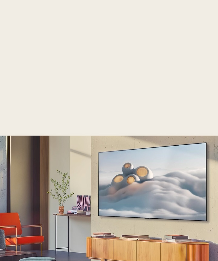 LG TV aan de muur gemonteerd die een achtergrond in hoge resolutie toont.