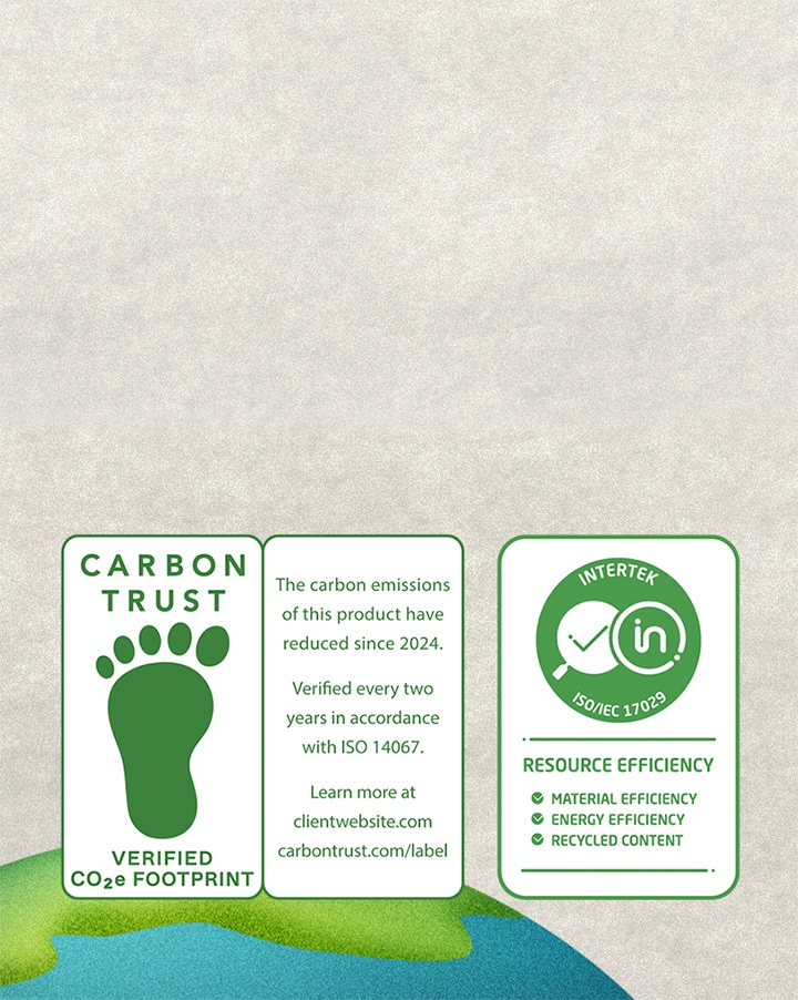 Certificeringsmerk voor Carbon Trust, CO2-reductie en -meting, en een certificeringsmerk voor efficiënt gebruik van hulpbronnen van Intertek.