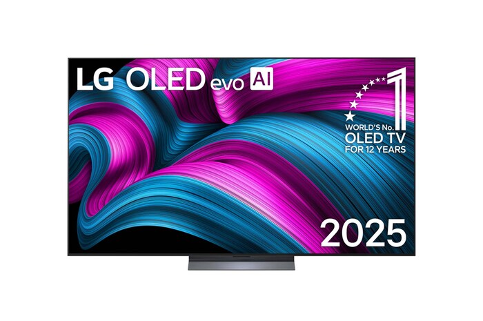 Vooraanzicht van LG OLED evo AI C5 4K Smart TV. 12 jaar nummer 1 OLED-embleem ter wereld en het LG OLED evo AI 2025-logo staan op het scherm.