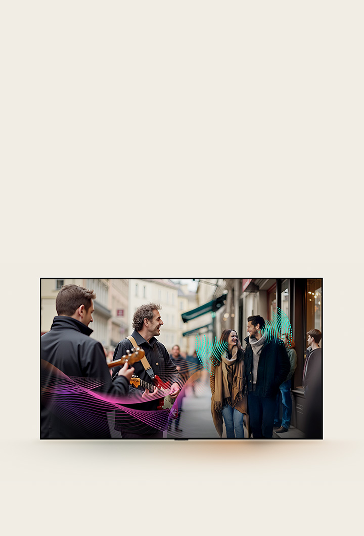 Een drukke straat vol mensen. Een stel is aan het wandelen en voert een gesprek. Een paar straatartiesten spelen gitaar. Abstracte geluidsgolven komen van de gitaristen en het paar die laten zien hoe elk geluidselement duidelijk te horen is met AI Object Remastering. 