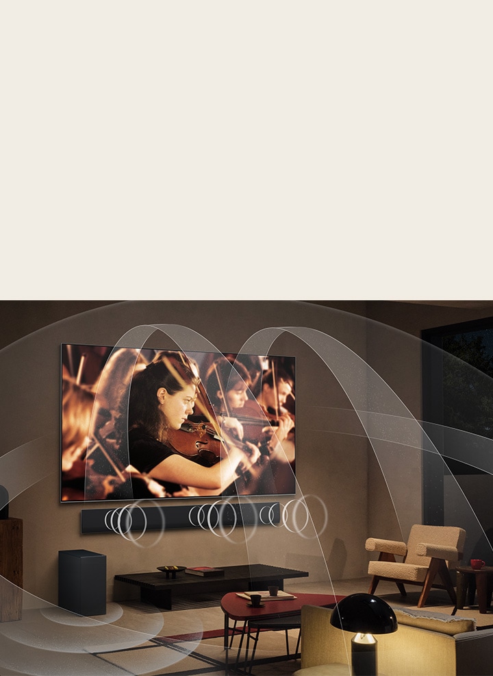 Een woonkamer met een LG OLED TV en LG Soundbar met afbeeldingen die laten zien hoe beide apparaten de ruimte met multi-surround geluid vullen.