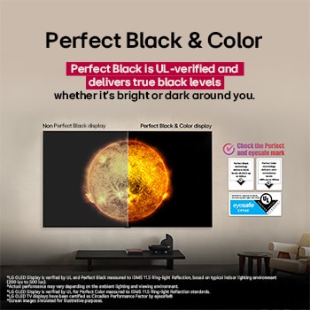 LG OLED TV toont een visuele vergelijking tussen een scherm met Perfecte kleur en Perfect zwart en een scherm zonder deze technologieën. UL- en eyesafe-certificeringen zijn zichtbaar met een tekst die aangeeft dat de markeringen moeten worden gecontroleerd.