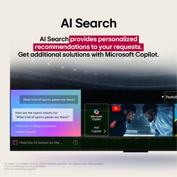 Sci-fi-content wordt afgespeeld op een LG TV-scherm. Op het scherm staat de AI Chatbot-interface. De gebruiker stuurde een bericht naar de chatbot dat het scherm te donker is. De chatbot bood oplossingen voor het verzoek. De hele scène is ook in tweeën gesplitst. De ene kant is donkerder, de andere kant lichter, wat laat zien hoe de AI Chatbot het probleem voor de gebruiker automatisch heeft opgelost. Tekst legt uit dat Al Chatbot de gebruikersintentie niet begrijpt en geeft mogelijkheden voor het oplossen van het probleem.