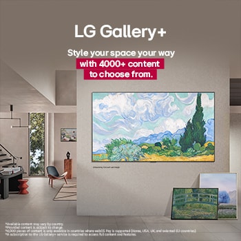 Interieur van een verfijnd huis. Veel verschillende kunstwerken worden getoond. Aan de muur in het midden hangt een LG TV met een kunstwerk op het scherm. De TV lijkt op een schilderij uit een museum.