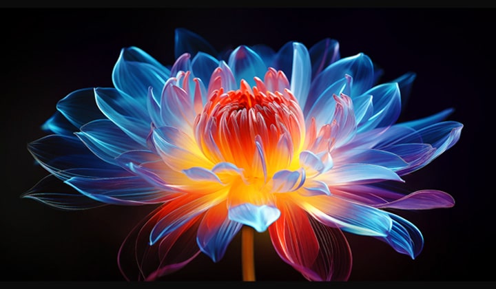 3D holografische bloem in veel verschillende tinten tegen een zwarte achtergrond. De definitie en het detail van de bloem laten zien dat QNED MiniLED beelden kan produceren met uitzonderlijke kleuren, helderheid en contrast.