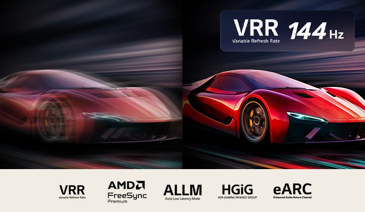 Twee afbeeldingen van een auto in een videogame naast elkaar. Eén vertoont veel bewegingsonscherpte. De andere is scherp en laat de hoge beeldsnelheid van LG QNED TV zien. Het VRR-logo en een 144Hz-logo staan in de rechterbovenhoek.