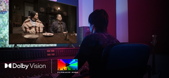 Een regisseur voor een bedieningspaneel die de film ‘Killers of the Flower Moon’ monteert op een LG QNED TV. Linksonder het Dolby Vision-logo en het FILMMAKER MODE-logo. Onder de afbeelding staan logo’s voor Netflix, HBOmax, Prime Video, Disney Plus, Apple TV en LG Channels. 