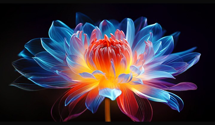 3D holografische bloem in veel verschillende tinten tegen een zwarte achtergrond. De definitie en het detail van de bloem laten zien dat QNED MiniLED beelden kan produceren met uitzonderlijke kleuren, helderheid en contrast.