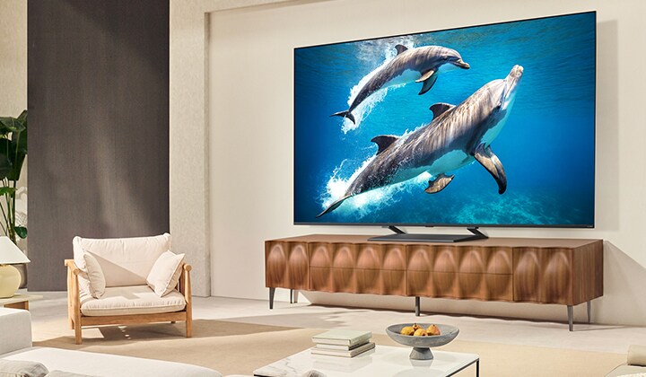 Een meisje en een hond zitten voor een LG QNED TV die aan de muur bevestigd is en waarop drie olifanten te zien zijn die boven een LG Soundbar naar buiten lopen. 