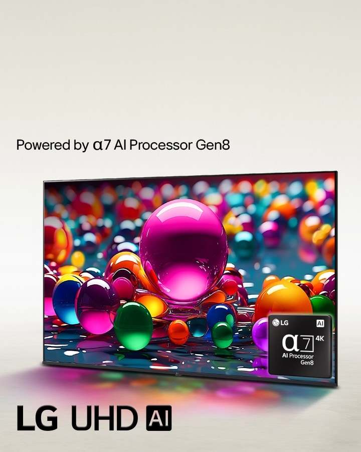 De LG UHD TV staat enigszins schuin naar links gericht en toont kleurrijke knikkers in verschillende kleuren: roze, blauw en paars. Het alpha 7 4K AI Processor-logo is te zien in de hoek rechts onderin van het tv-scherm. Het logo van LG UHD AI staat links onderin. Er is ook tekst zichtbaar: Powered by LG alpha AI processor.