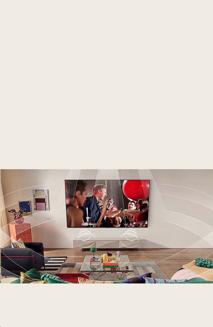 Woonkamer met een wall mounted LG TV. Geluidsgolven worden grafisch weergegeven om de ruimte te vullen en te laten zien hoe virtuele 9.1.2 kanalen een surround sound-ervaring creëren voor de gebruiker. 