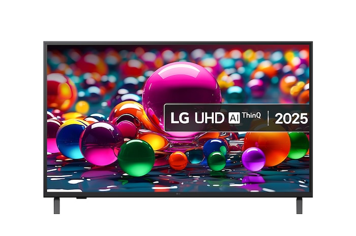 Vooraanzicht van UHD UA75 TV, LG UHD Al-logo in de bovenhoek. LG UHD TV brengt kleurrijke, schilderachtige texturen bij elkaar. 