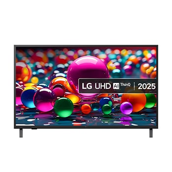 Vooraanzicht van UHD UA75 TV, LG UHD Al-logo in de bovenhoek. LG UHD TV brengt kleurrijke, schilderachtige texturen bij elkaar. 