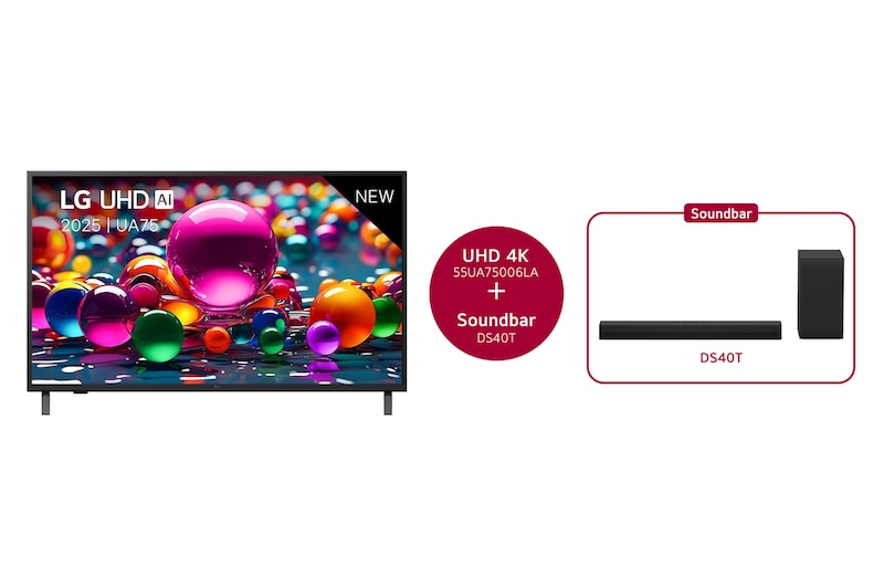 Vooraanzicht van 55 inch LG UHD AI UA75 4k Smart TV 2025 & DS40T 2.1 kanaal 55UA75006LA.DS40T