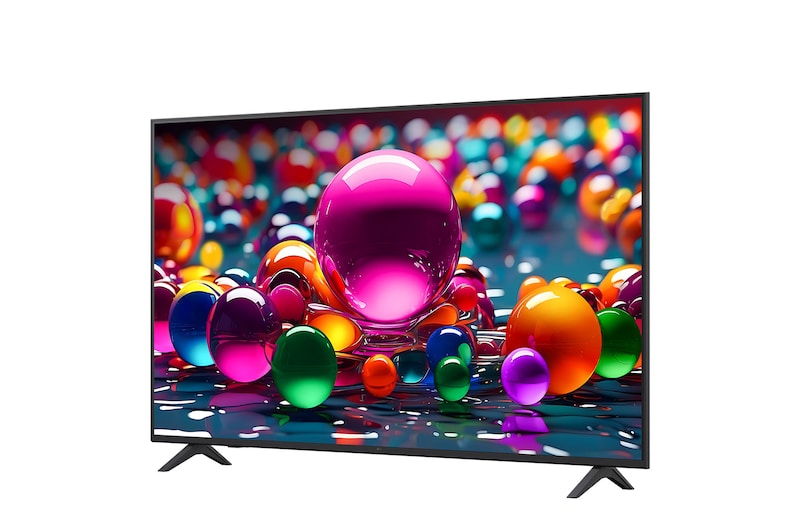Front view and side view of LG UHD AI UA75 4K Smart TV showing its length, width, height, and depth dimensions.