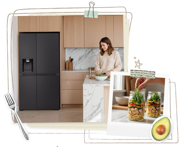 Een Polaroid-stijl afbeelding van iemand die boodschappen in een koelkast organiseert in een keuken met houten tinten, met maaltijdvoorbereidingsbakjes en koelkaststickers