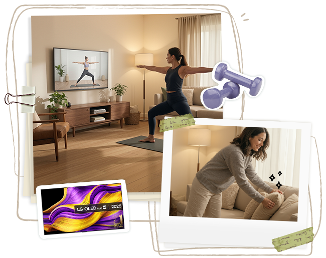 Een collage-stijl afbeelding van een vrouw die op een yogamat traint, een TV die een workoutvideo toont en fitnessstickers	