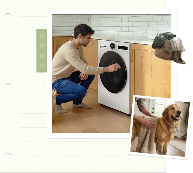 Man laadt wasgoed in een wasmachine terwijl een golden retriever in de buurt staat in een warm interieur.