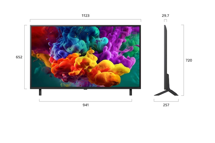 Een LG QNED evo AI QNED86 Mini LED, weergegeven van de voorkant en van de zijkant, heeft een 50 inch scherm dat 1123 mm breed is, 652 mm hoog, 720 mm hoog met standaard, een profieldiepte van 29,7 mm en een afmeting van de voet van de standaard van 941 bij 257 mm.