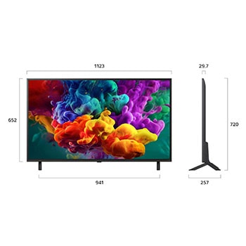 Een LG QNED evo AI QNED86 Mini LED, weergegeven van de voorkant en van de zijkant, heeft een 50 inch scherm dat 1123 mm breed is, 652 mm hoog, 720 mm hoog met standaard, een profieldiepte van 29,7 mm en een afmeting van de voet van de standaard van 941 bij 257 mm.