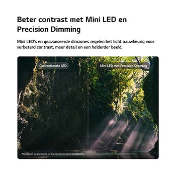 LG QNED evo AI QNED86 Mini LED laat zien hoe Mini LED met Precision Dimming werkt in een gesplitste bosscène, waarbij conventionele LED wordt vergeleken met diepere zwarttinten en een verfijnder contrast terwijl het zonlicht door de bomen schijnt voor meer helderheid en diepte.