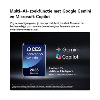 De CES Innovation Awards 2026-badge met eervolle vermelding in de categorie Kunstmatige Intelligentie erkent Multi-AI-zoekopdrachten met Google Gemini en Microsoft Copilot.