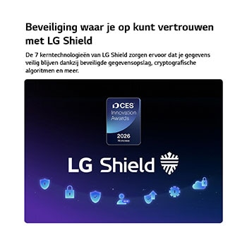 LG Shield, toegepast op LG QNED evo AI QNED86 Mini LED, wordt weergegeven met een LG Shield-logo in het midden, beveiligingspictogrammen onderaan en bovenaan een CES Innovation Awards 2026-badge met eervolle vermelding, die staat voor gegevens- en systeembescherming.