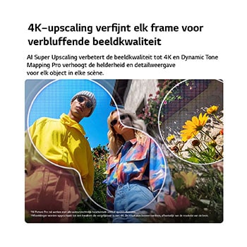 Een LG QNED evo AI QNED86 Mini LED met AI Picture Pro en Dynamic Tone Mapping Pro toont een lifestyle-scène in een openluchtomgeving vanuit een lage hoek, met twee personen tussen levendige bloemen. AI herkent elk beeld en schaalt het op naar 4K voor een duidelijkere textuur en meer details.