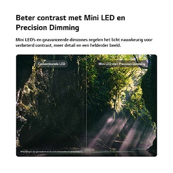 LG QNED evo AI QNED86 Mini LED laat zien hoe Mini LED met Precision Dimming werkt in een gesplitste bosscène, waarbij conventionele LED wordt vergeleken met diepere zwarttinten en een verfijnder contrast terwijl het zonlicht door de bomen schijnt voor meer helderheid en diepte.